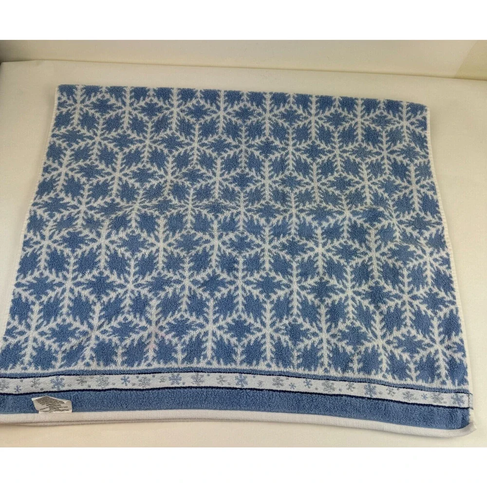 Vintage Bath Towel Cecil Sayday Set of 2 Snowman Snowflakes Blue white